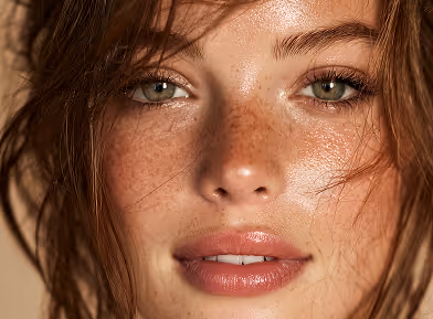 Close-up of a young woman with green eyes, freckles, and tousled brown hair.