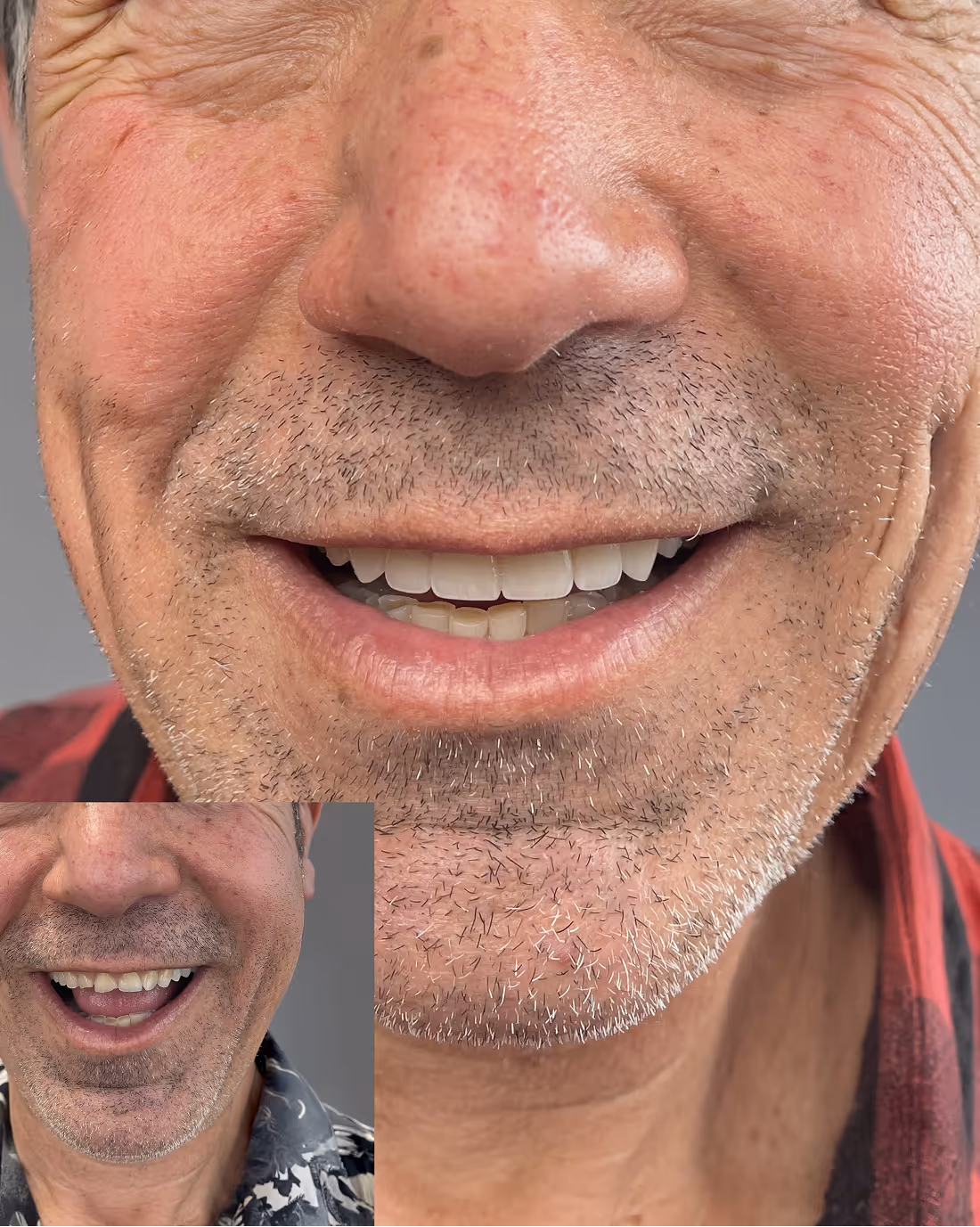 Close-up of a smiling middle-aged man with stubble and partially visible teeth, wearing a red shirt.