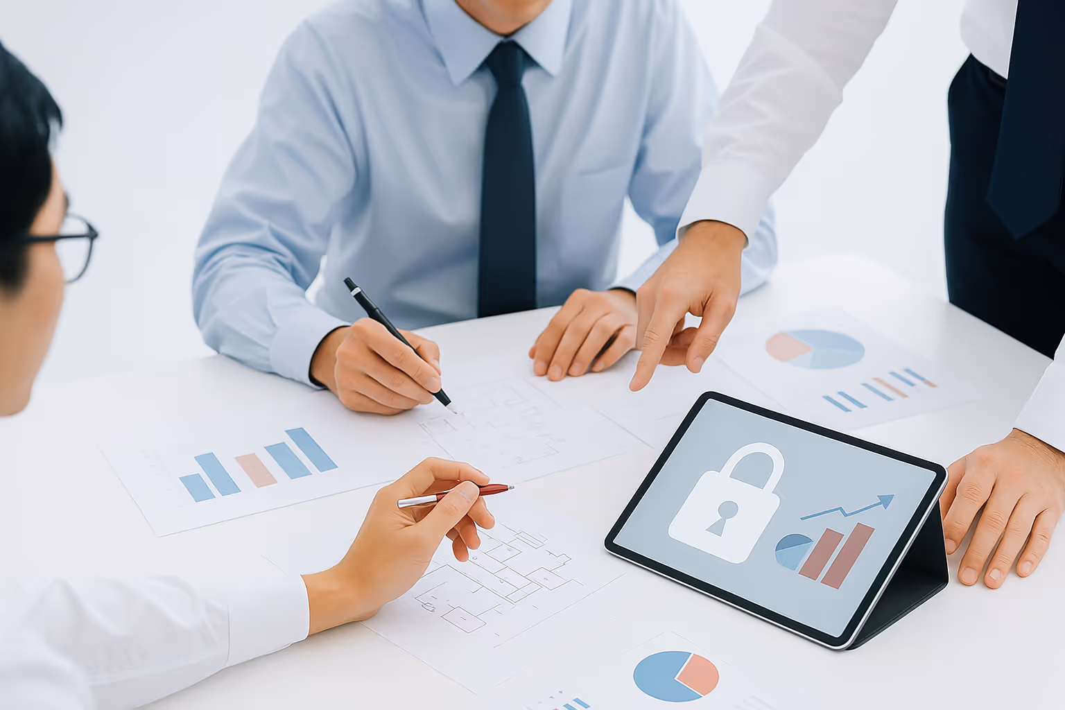 Three business professionals reviewing charts and documents.