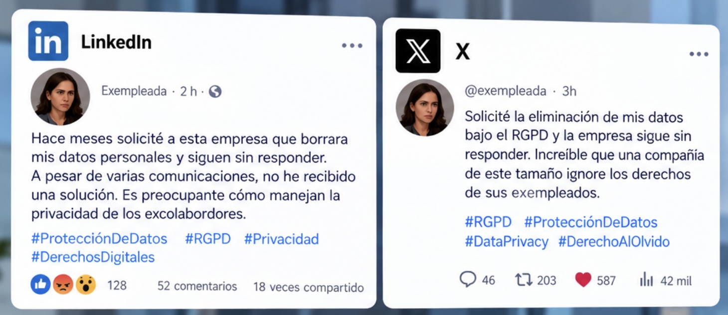 Publicaciones en LinkedIn y X de una exempleada que exige borrar sus datos personales bajo el RGPD