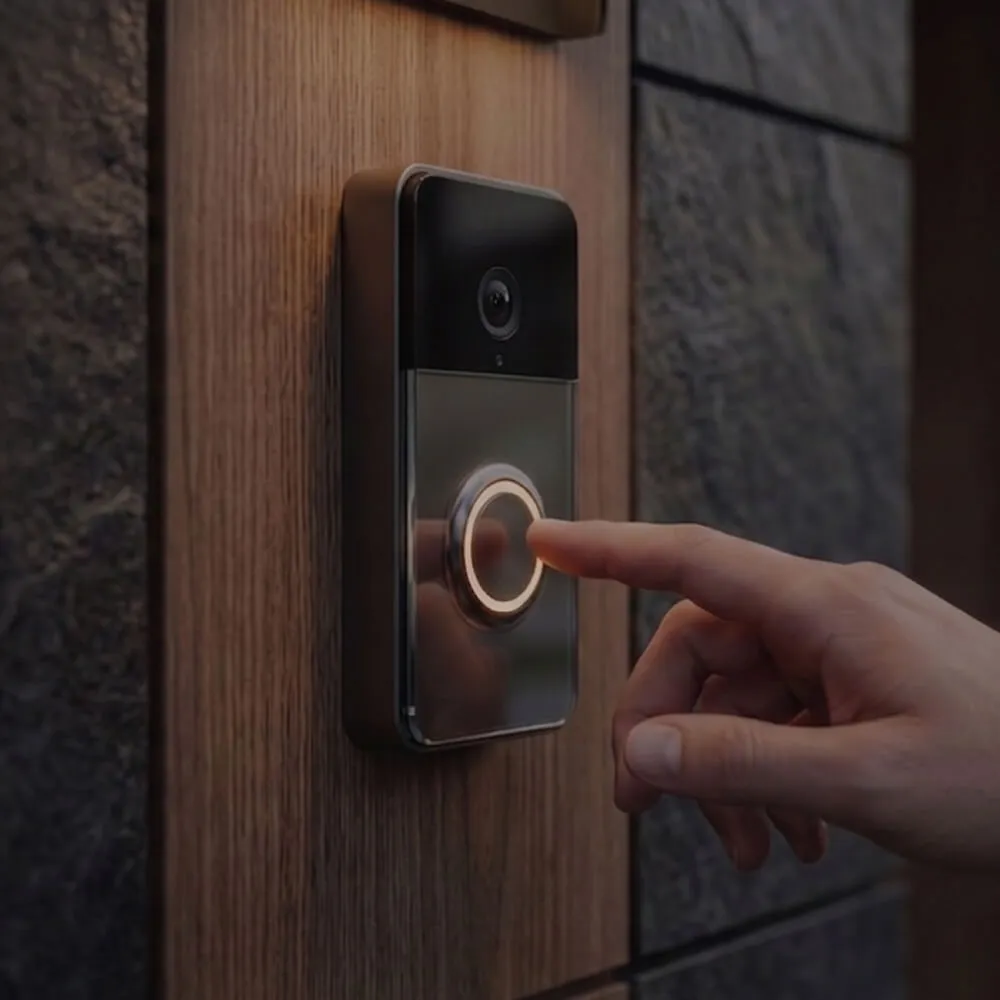 Finger trykker på en oplyst smart videodørklokke monteret på trædør.