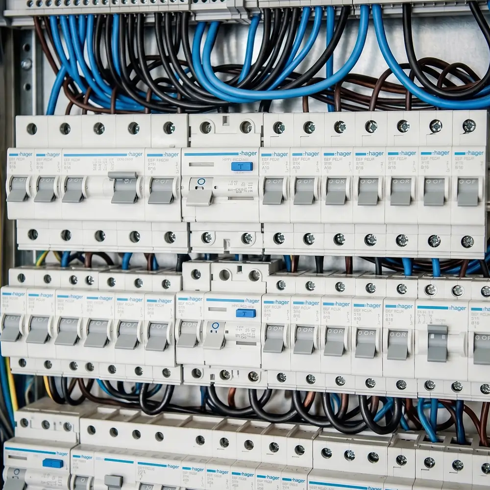 Elektrisk sikringspanel med Hager mærkede afbrydere og ledninger i blå, sorte og brune farver.
