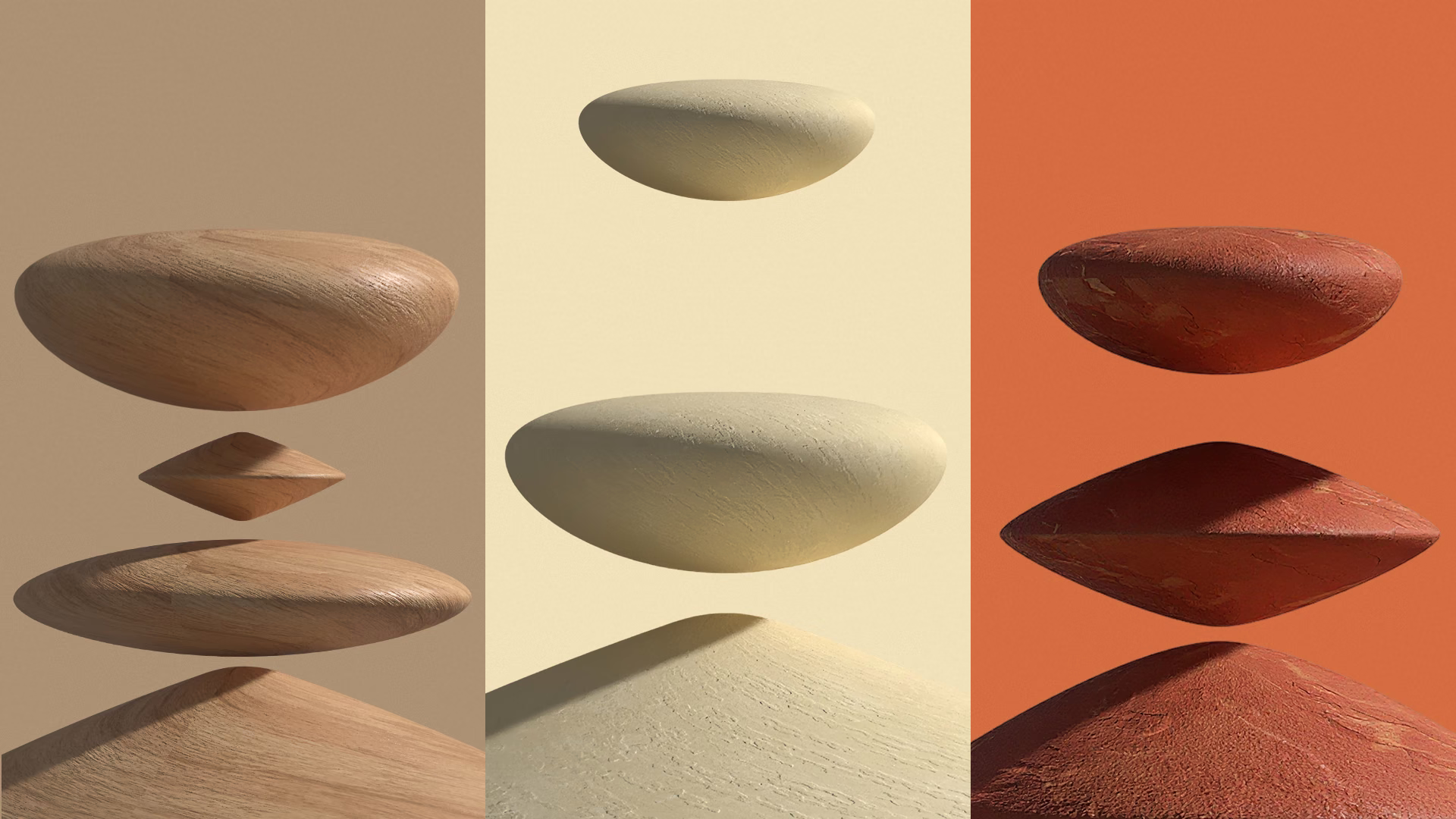 Abstract Cosa Mirai brand pebble sculptures in three warm colour palettes.