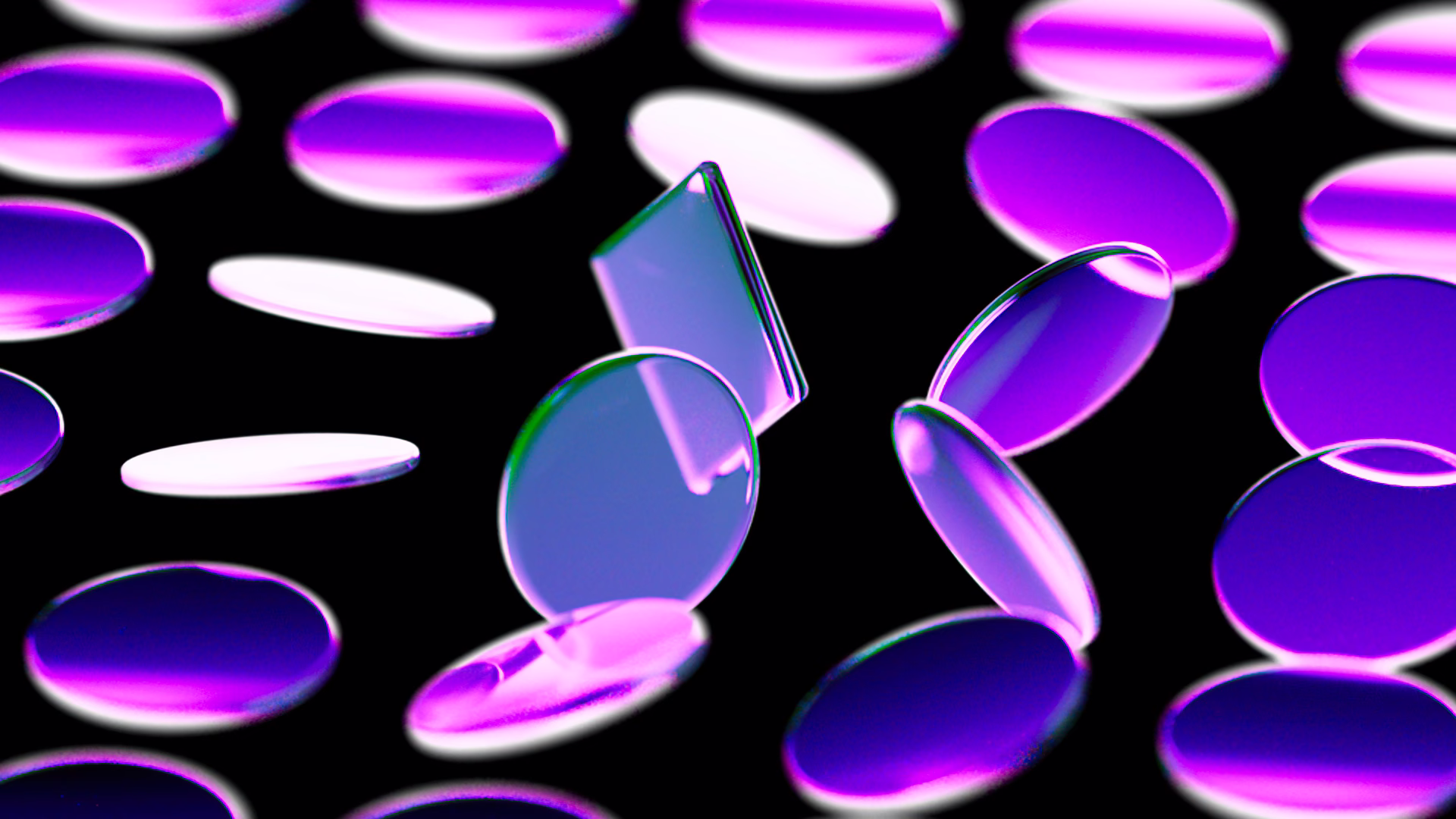 Abstract purple and blue glass forms floating among illuminated circular shapes to form db logo.