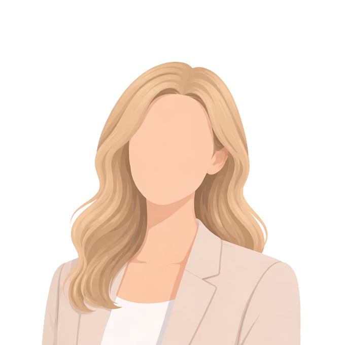 Illustration of a woman with long blonde hair wearing a beige blazer and white top, with no facial features shown.