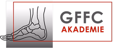 Outline of a human foot skeleton next to the text 'GFFC AKADEMIE' inside a rectangular border.
