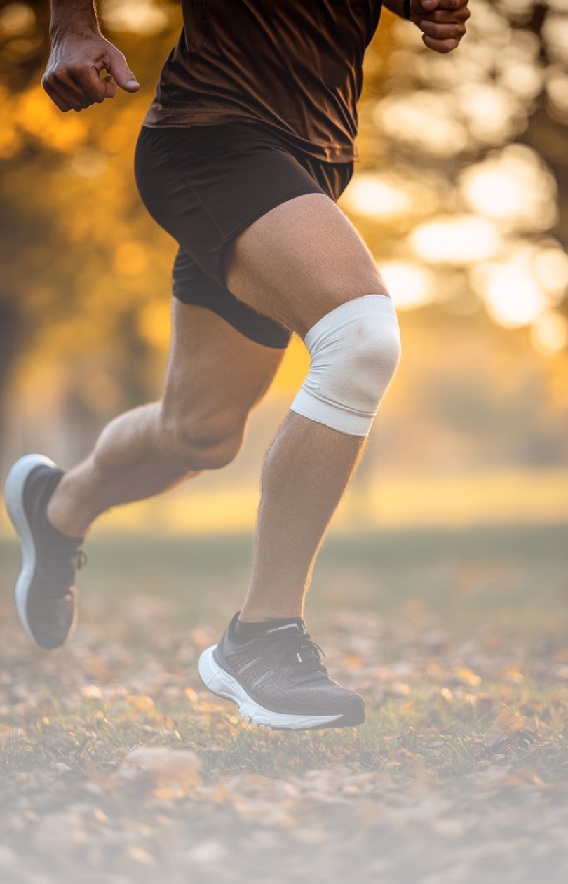 Close-up of a person running outdoors wearing black shorts, black running shoes, and a white knee brace in an autumn setting.
