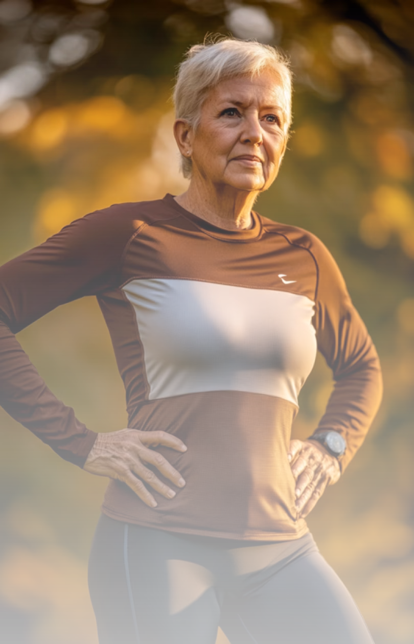 Fit older woman standing outdoors in athletic wear with hands on hips during golden hour.