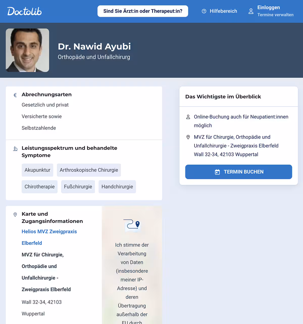 Profile of Dr. Nawid Ayubi, orthopedist and trauma surgeon, listing accepted payment types, treatments offered, practice location in Wuppertal, and online booking options.