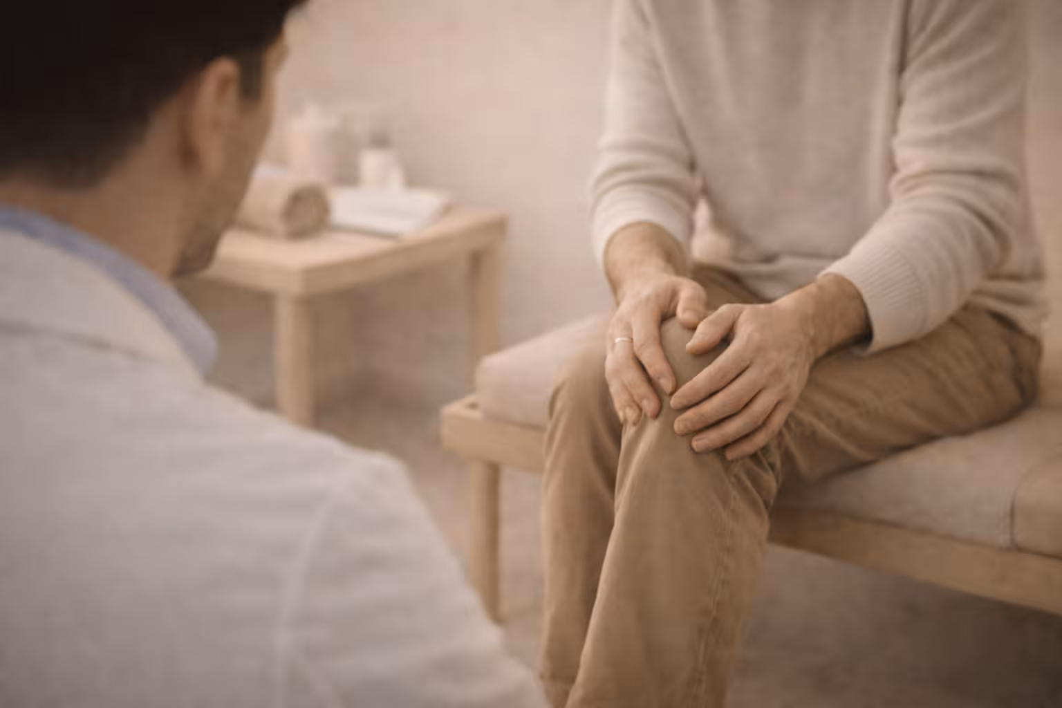 Person sitting on a couch holding their knee while another individual, possibly a doctor, listens attentively.
