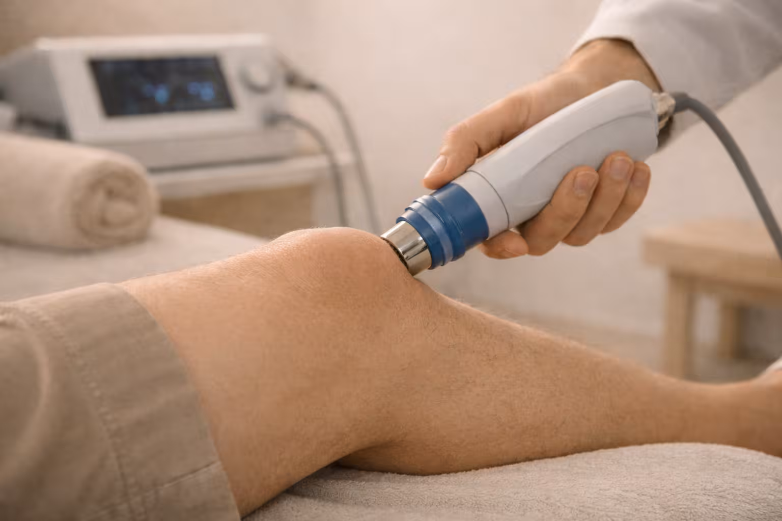 Close-up of a medical professional using an ultrasound therapy device on a patient's knee.