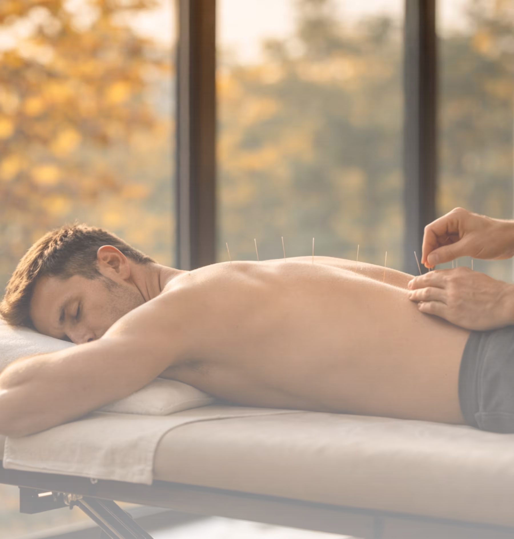 Man lying face down on a massage table receiving acupuncture treatment on his back.