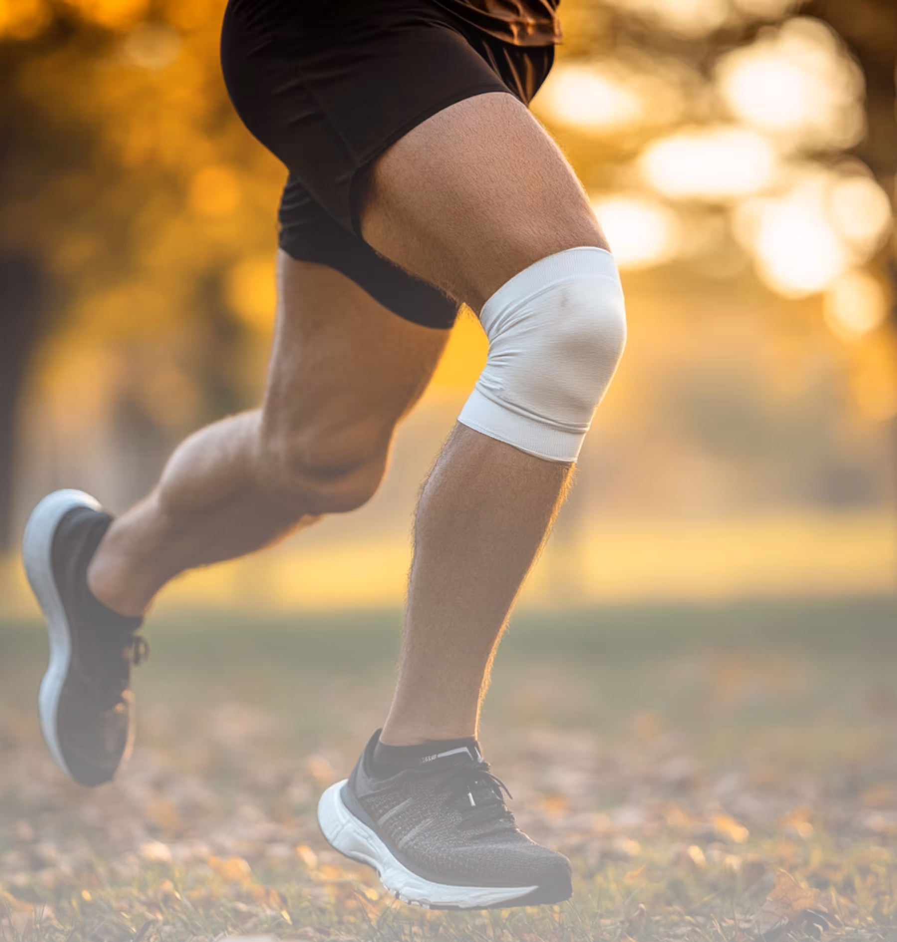 Close-up of a runner's legs with a white knee brace running outdoors on a leaf-covered ground during sunset.