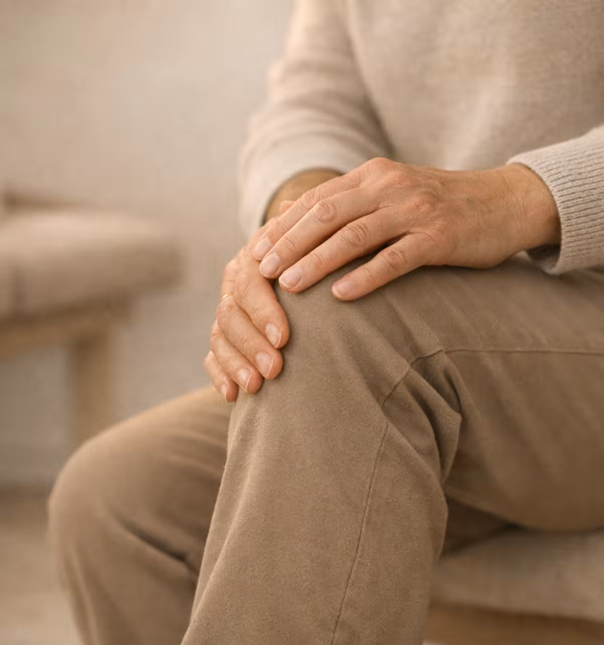 Person wearing beige sweater and pants holding their knee with both hands.