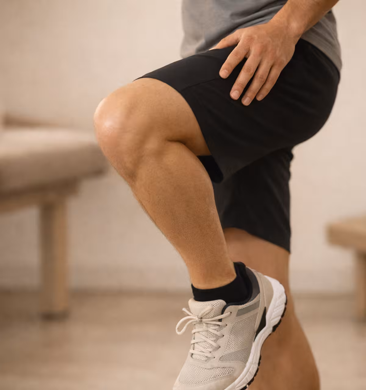 Person performing a knee raise exercise wearing black shorts and gray athletic shoes indoors.