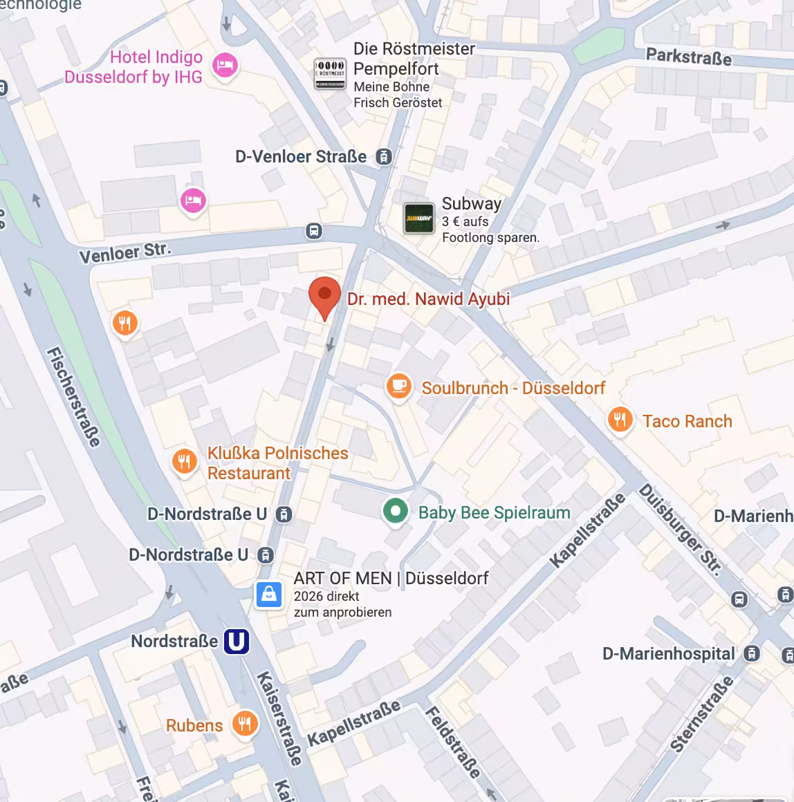 Map showing Dr. med. Nawid Ayubi's location near Venloer Str., Düsseldorf, with nearby landmarks including Hotel Indigo, Subway, Soulbrunch, Baby Bee Spielraum, and various restaurants.
