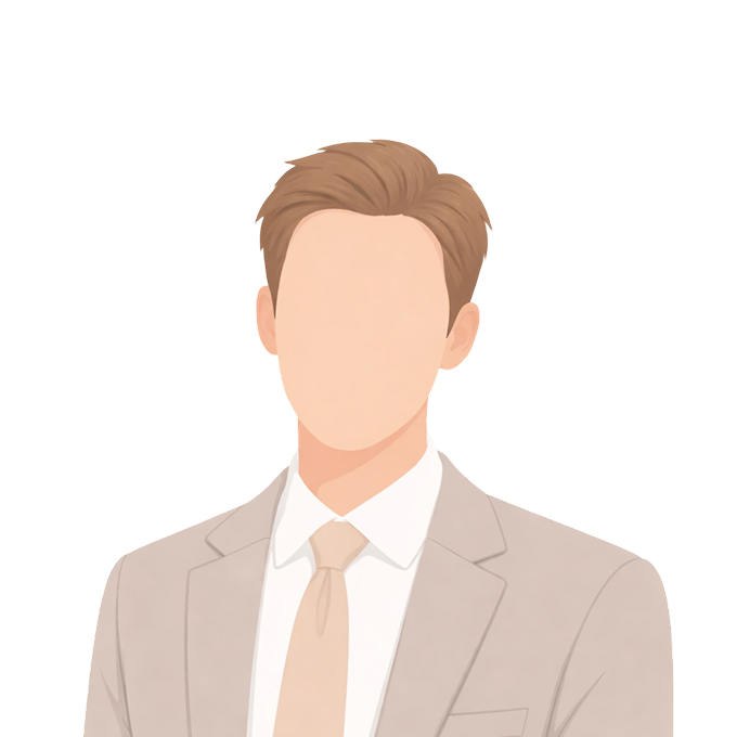 Faceless male figure in a beige suit, white shirt, and beige tie with light brown hair.