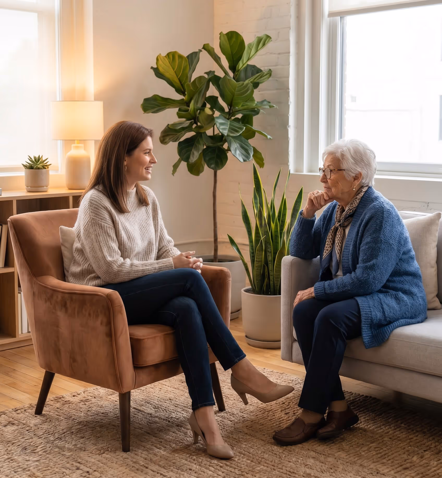 Two women sitting in chairs conversing in a bright modern living room with plants.