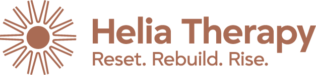 Helia Therapy logo with sun symbol and tagline Reset Rebuild Rise