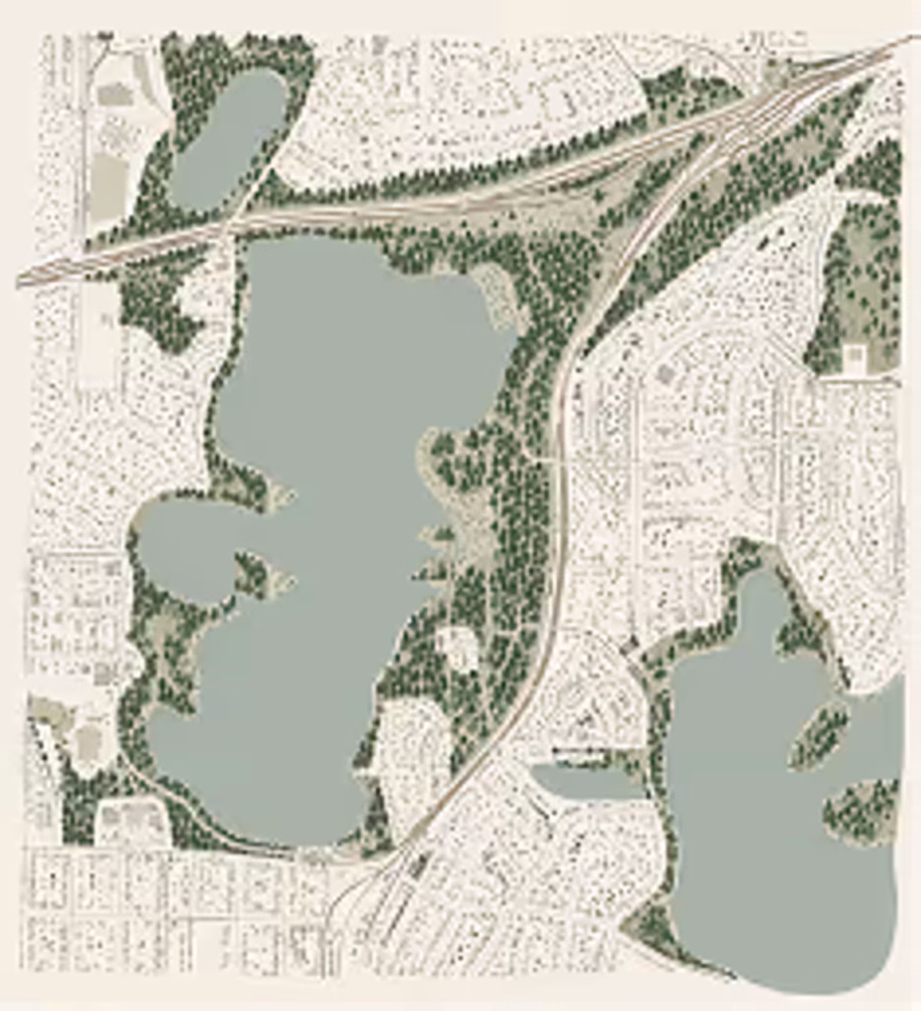 Watercolor map of Cedar Lake Park showing trails, places, and shoreline
