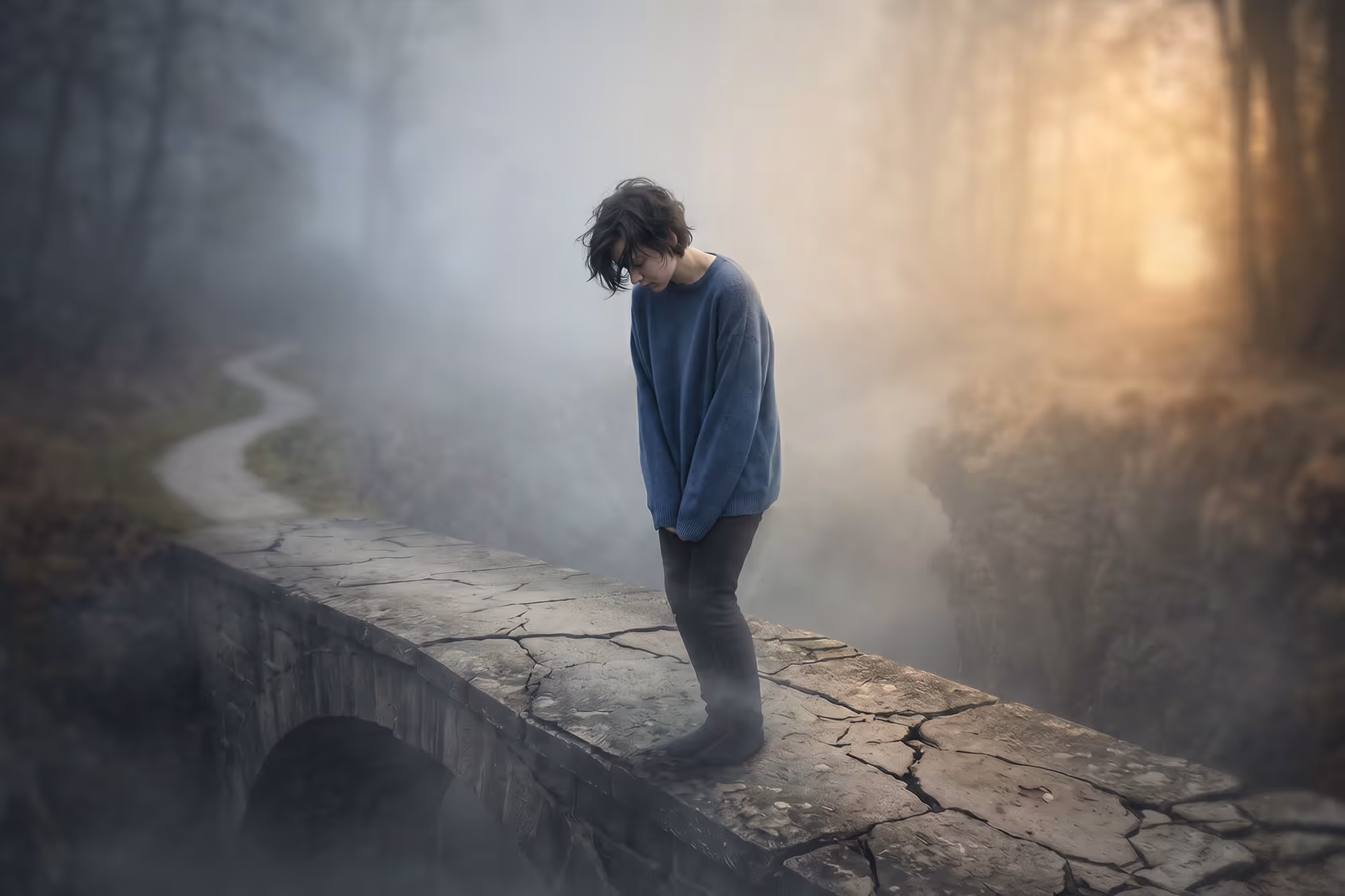 Person in blue sweater standing on misty cliff edge overlooking forested valley