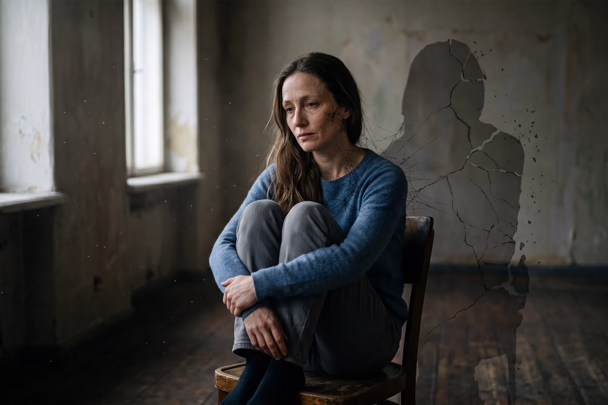 Woman in blue sweater sitting contemplatively in deteriorated room with cracked wall