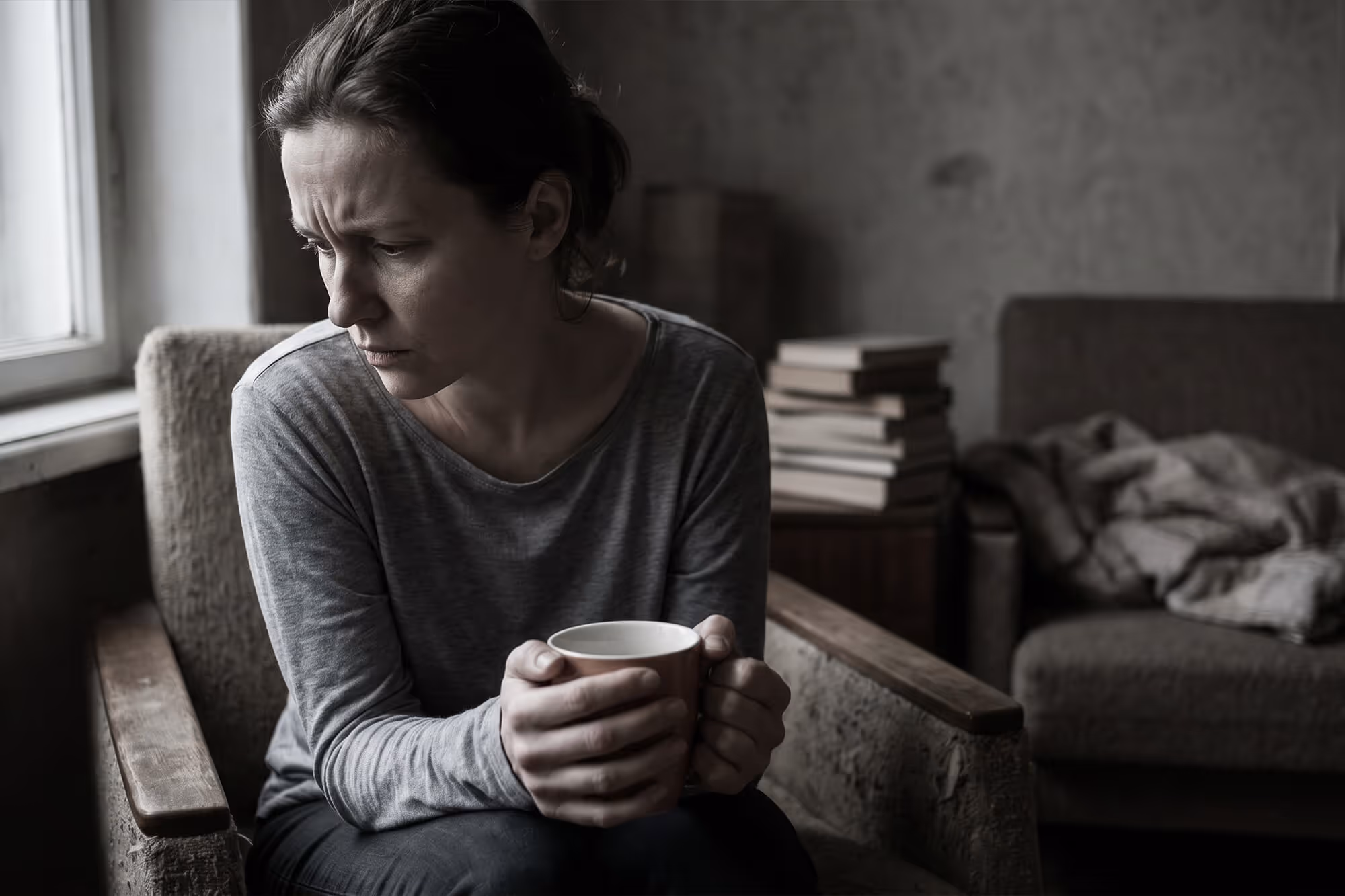 Woman sitting alone holding cup, looking down pensively in sparse room