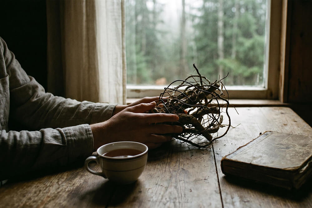 Person holding dried branches at wooden table with coffee cup and book by window