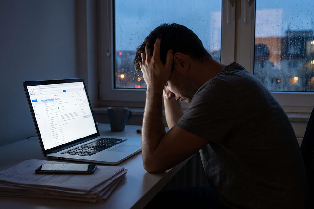 Stressed man at desk with laptop, head in hands, rainy city window background