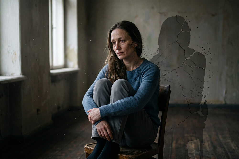 Woman sitting alone in empty room with cracked shadow on wall