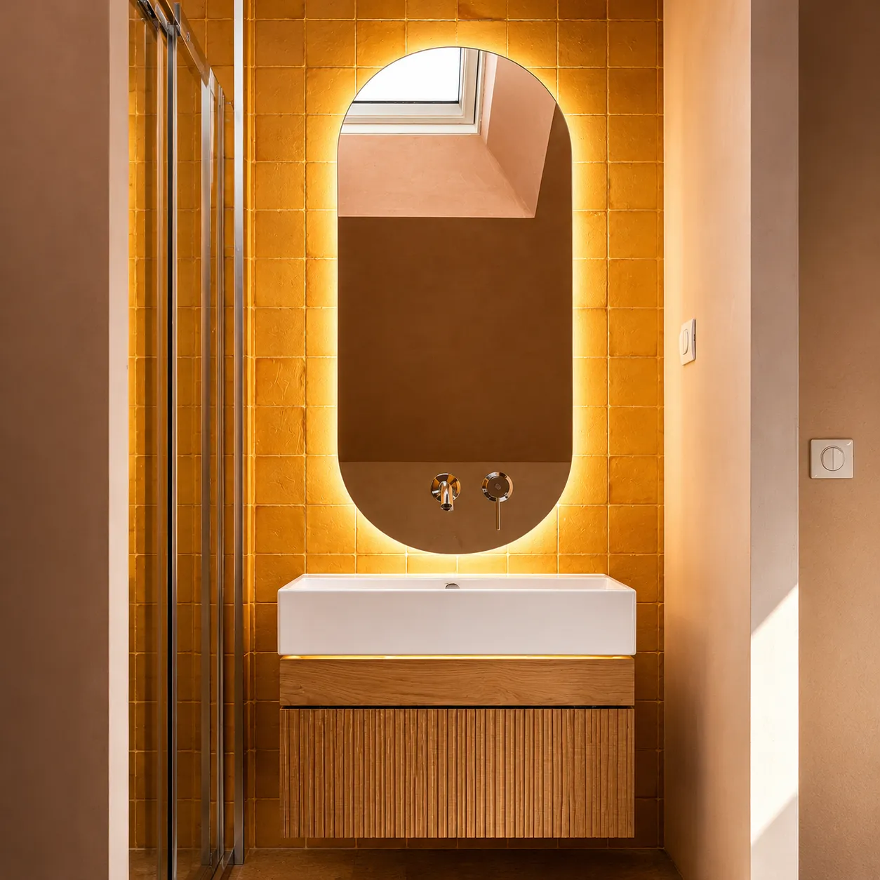Salle de bain de La Cochonnière avec miroir et éclairage chaleureux