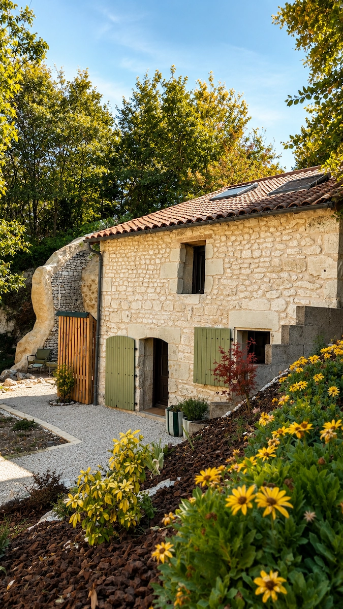 Façade extérieure de La Cochonnière, gîte troglodytique taillé dans le tuffeau
