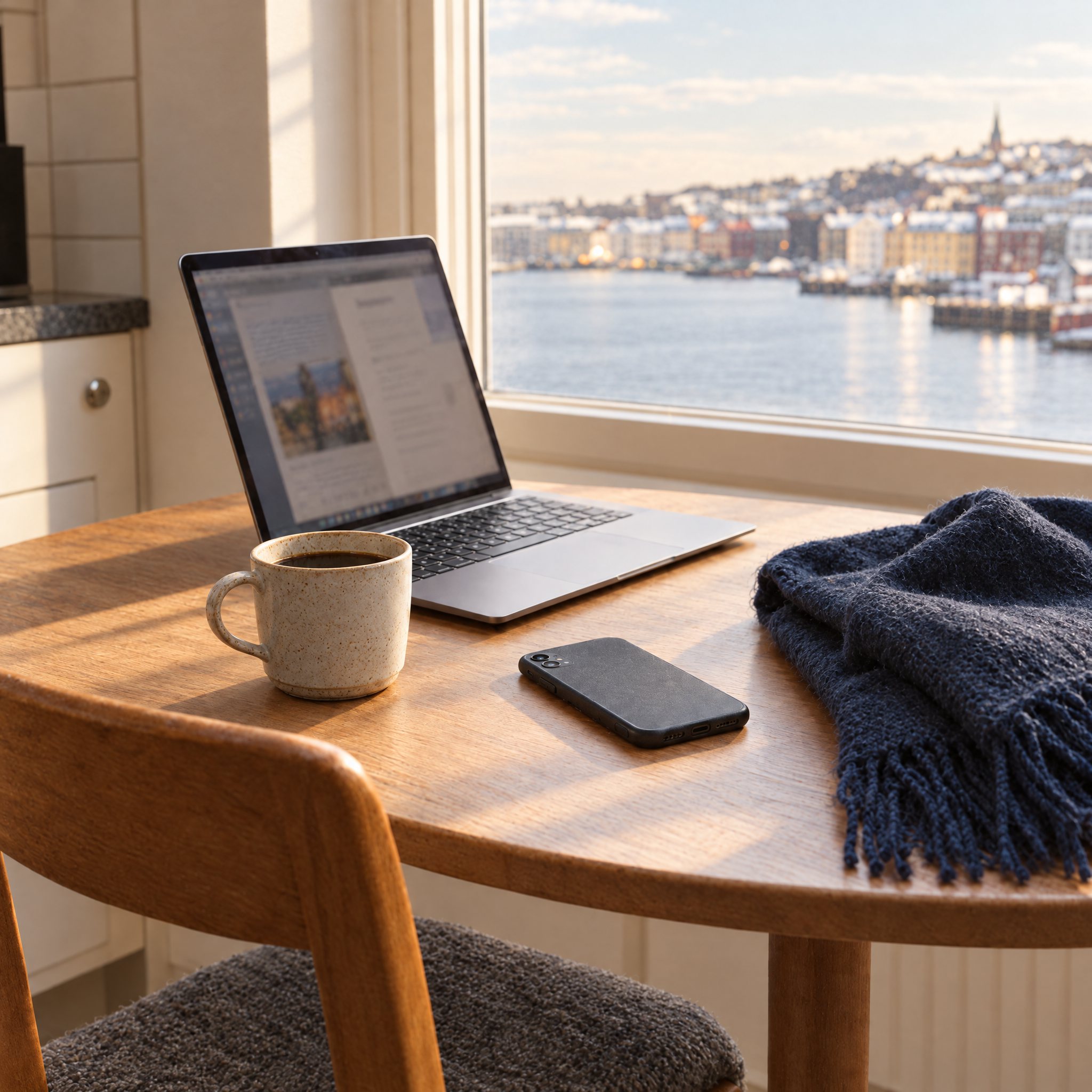 Laptop och kaffe vid ett köksfönster