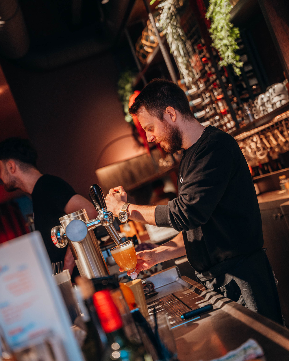 Medewerker tapt een vers Mechels biertje aan de bar van Sava