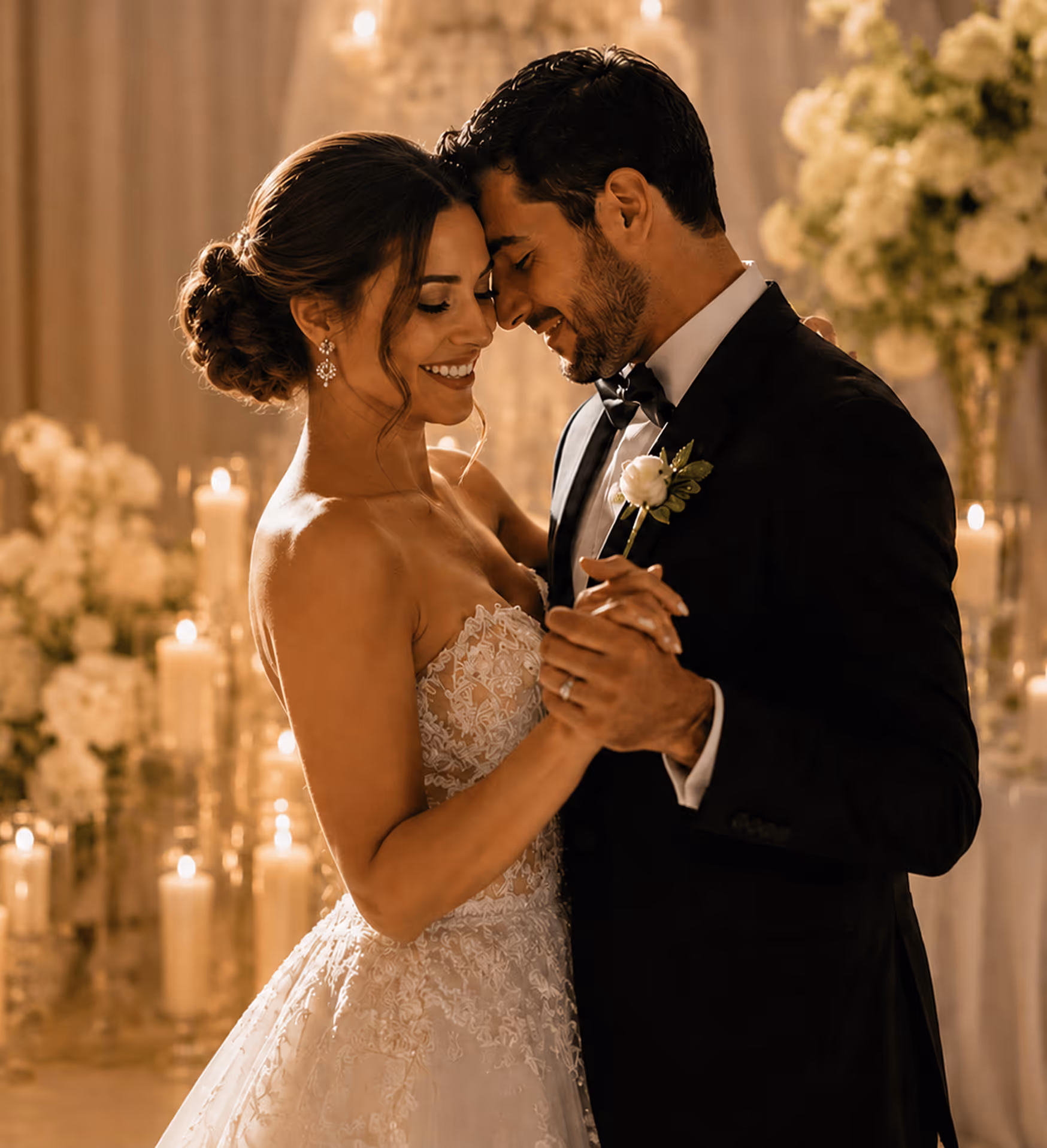 Bride and groom sharing an intimate dance embrace surrounded by candles and white florals