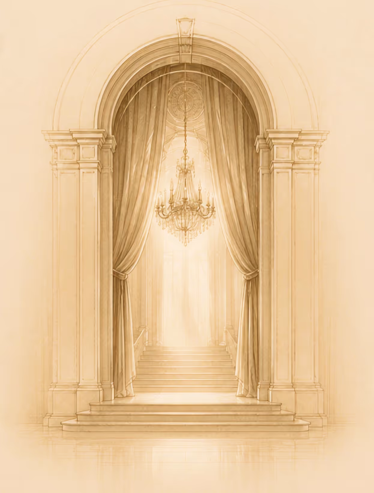 Hand-drawn sepia sketch of an archway with draped curtains and a chandelier leading to a staircase