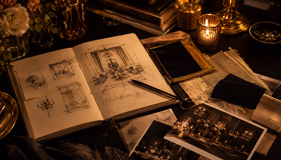 Open sketchbook with hand-drawn event design concepts beside candles and fabric swatches