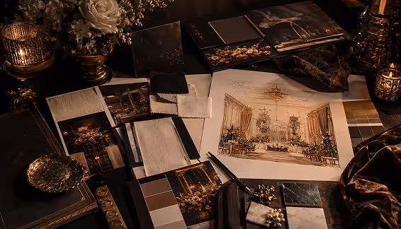 Event design mood board with sketches, fabric swatches, and a hand-drawn interior rendering