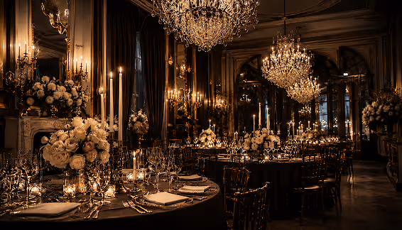 Grand ballroom reception with crystal chandeliers and black round tables set with white florals and candles