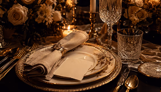 Elegant place setting with gold-rimmed china, crystal glassware, and a folded linen napkin