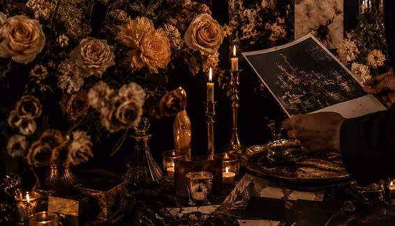 White and cream floral arrangement on a table with candles and a printed event photo