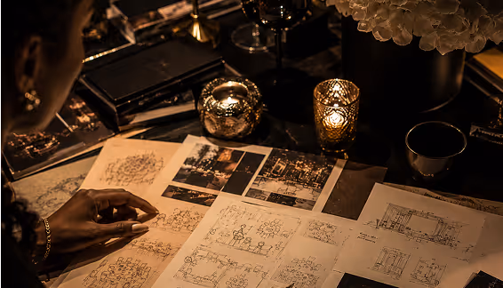 Hands reviewing event floor plan sketches and photo prints on a candlelit table