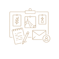 Vendor mood board icon with sketches and contact card