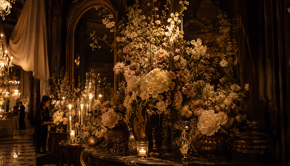 Elegant floral arrangement with candles in front of ornate mirrors in a dark venue