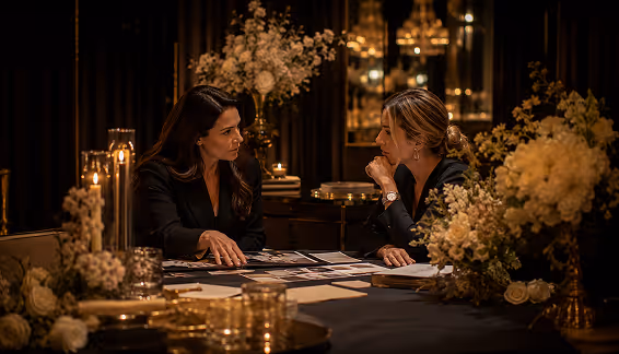 Two professionals discussing vendor photos and documents at a candlelit table with florals