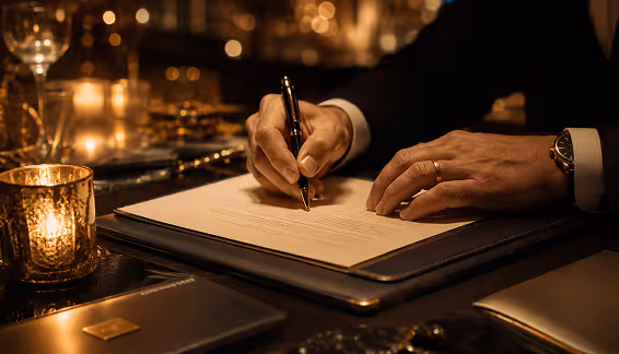 Hands signing a vendor contract document with a pen at a candlelit table