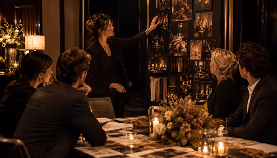 Presenter showing a vendor photo mood board to a seated planning team at a candlelit table