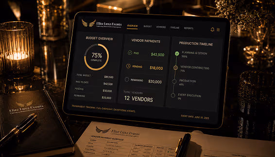 Tablet displaying the Elite Luxz Events budget dashboard with vendor payments and production timeline