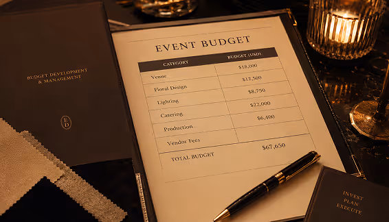 Event budget document breaking down costs by venue, floral design, lighting, catering, and production