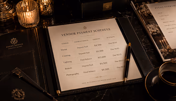 Vendor payment schedule document listing deposits and balances due